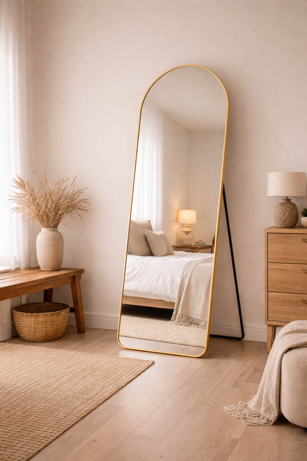 Bella Pinterest – Espelho de Corpo Inteiro Arqueado com Suporte em Metal Dourado (170 cm x 70 cm | 9 kg)